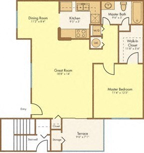 Floor plan for 1 bed, 1 bath, 887 sqft